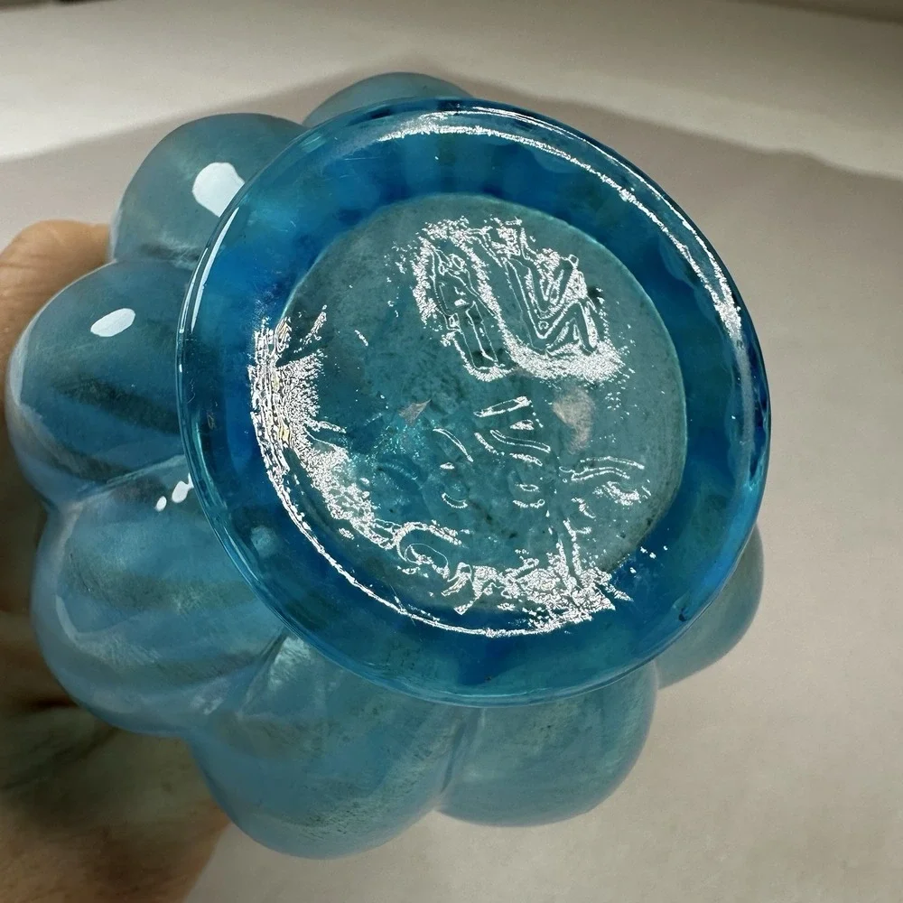 Vintage Fenton Art Glass‎ Blue Overlay Melon Base Vase Ruffle Top Edge